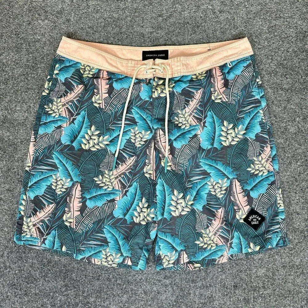 American Eagle Board Shorts Mens Large 36x10 Swim Trunks Floral Drawstring Adult